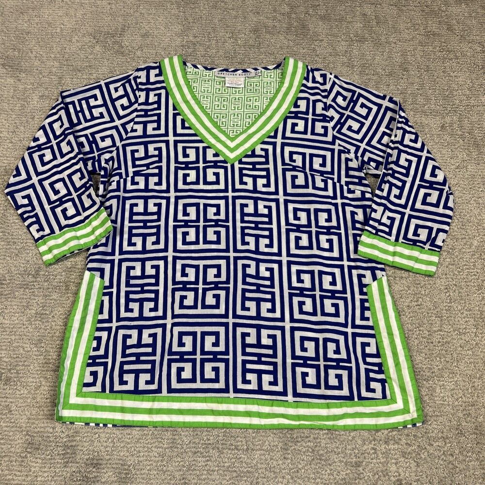 Gretchen Scott Tunic Top Womens XL Blue Green White Lightweight Shirt Cotton